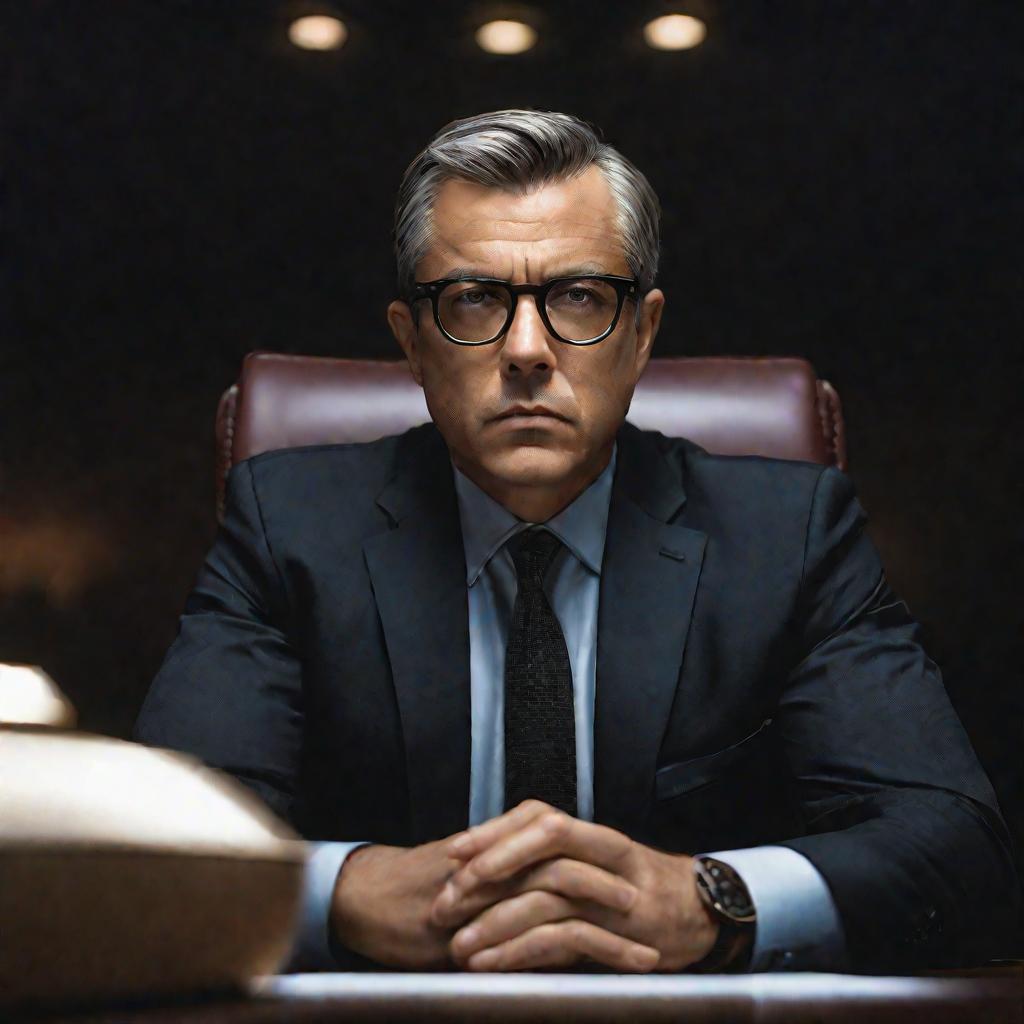 Крупный план портрета мужчины средних лет в костюме, сидящего во главе длинного конференц-стола и наклонившегося вперед, сложив руки на столешнице. У него короткие аккуратные волосы и очки. Он сосредоточен и серьезен, пристально смотрит вперед со строгим 