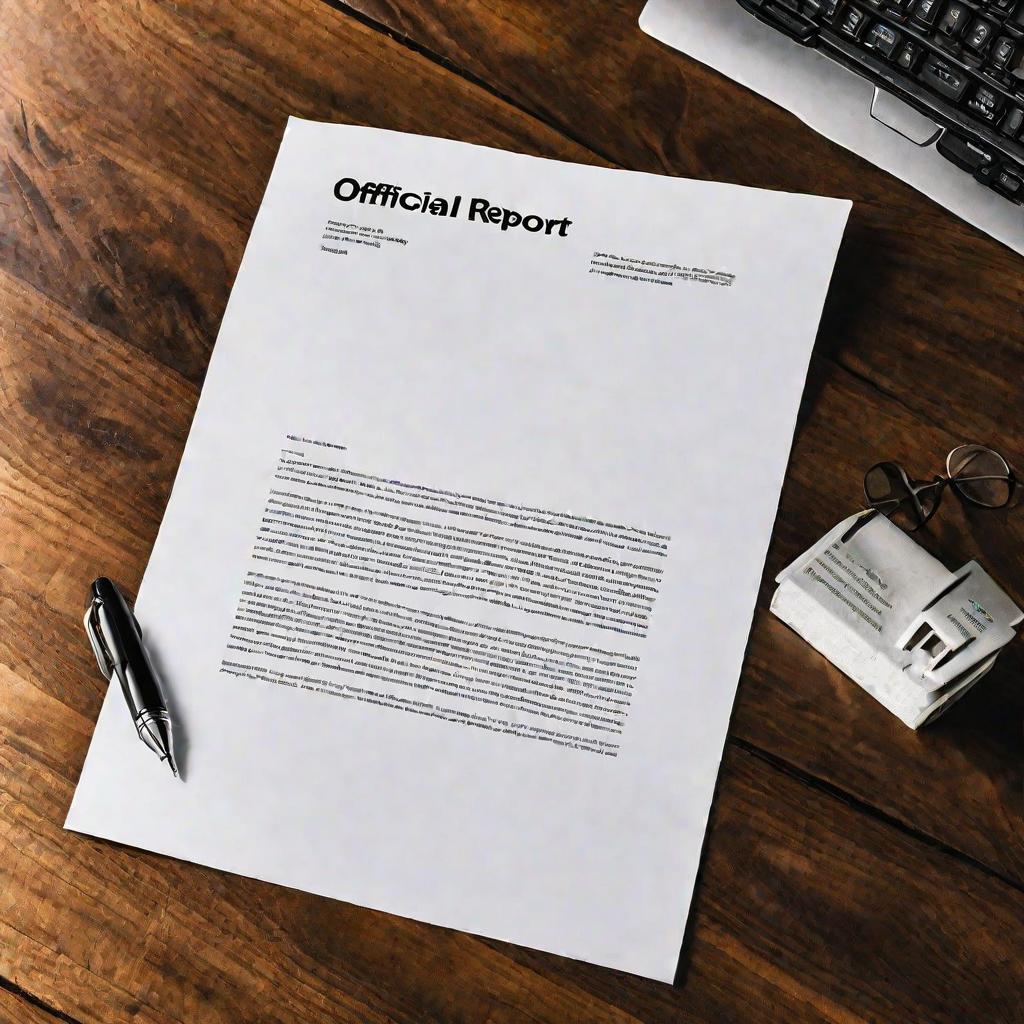 Вид сверху крупным планом на распечатанный бумажный документ, лежащий на деревянном столе. Вверху документа крупным жирным шрифтом напечатан заголовок &laquo;Официальный отчет&raquo;. Ниже идет плотно напечатанный текст, заполняющий всю страницу. Мужская рука с ручко
