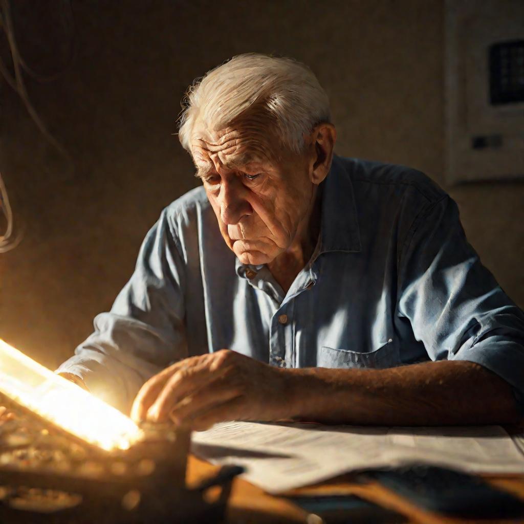 Портрет пожилого мужчины с электрическим счетом в руках