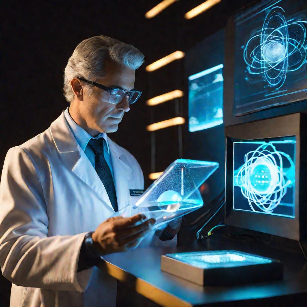 Ученый изучает голограмму атома