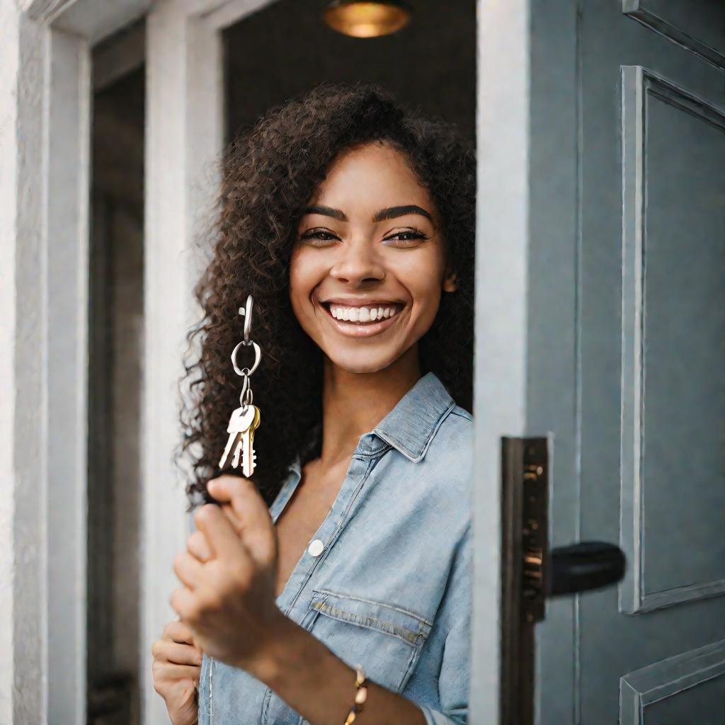 Девушка с ключами перед дверью квартиры