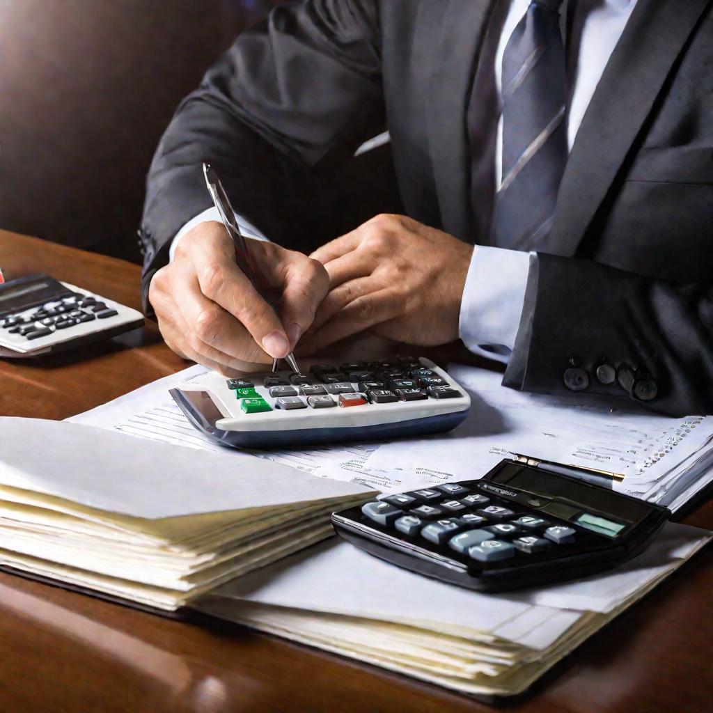 Бизнесмен в костюме считает на калькуляторе за рабочим столом, заваленным бумагами