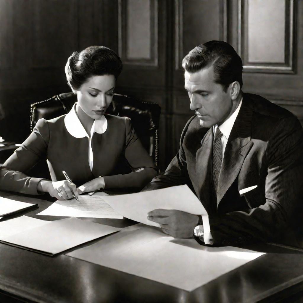 Мужчина и женщина в офисе за столом подписывают документ о досудебном мировом соглашении. Они одеты официально и выглядят сосредоточенными и серьезными.