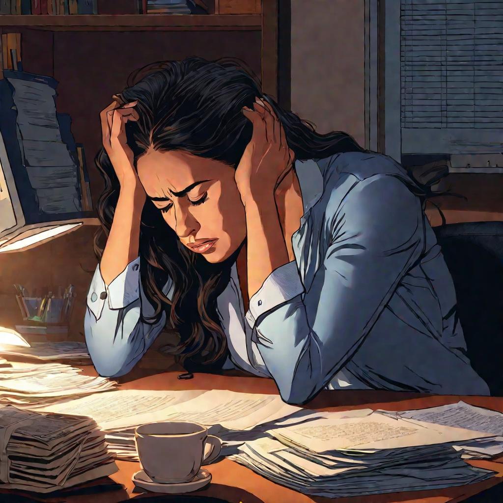 Женщина за рабочим столом дома ночью выглядит обеспокоенной и подавленной, пытаясь разобраться в сложном юридическом конфликте без посторонней помощи, что подчеркивает необходимость досудебного мирового соглашения.