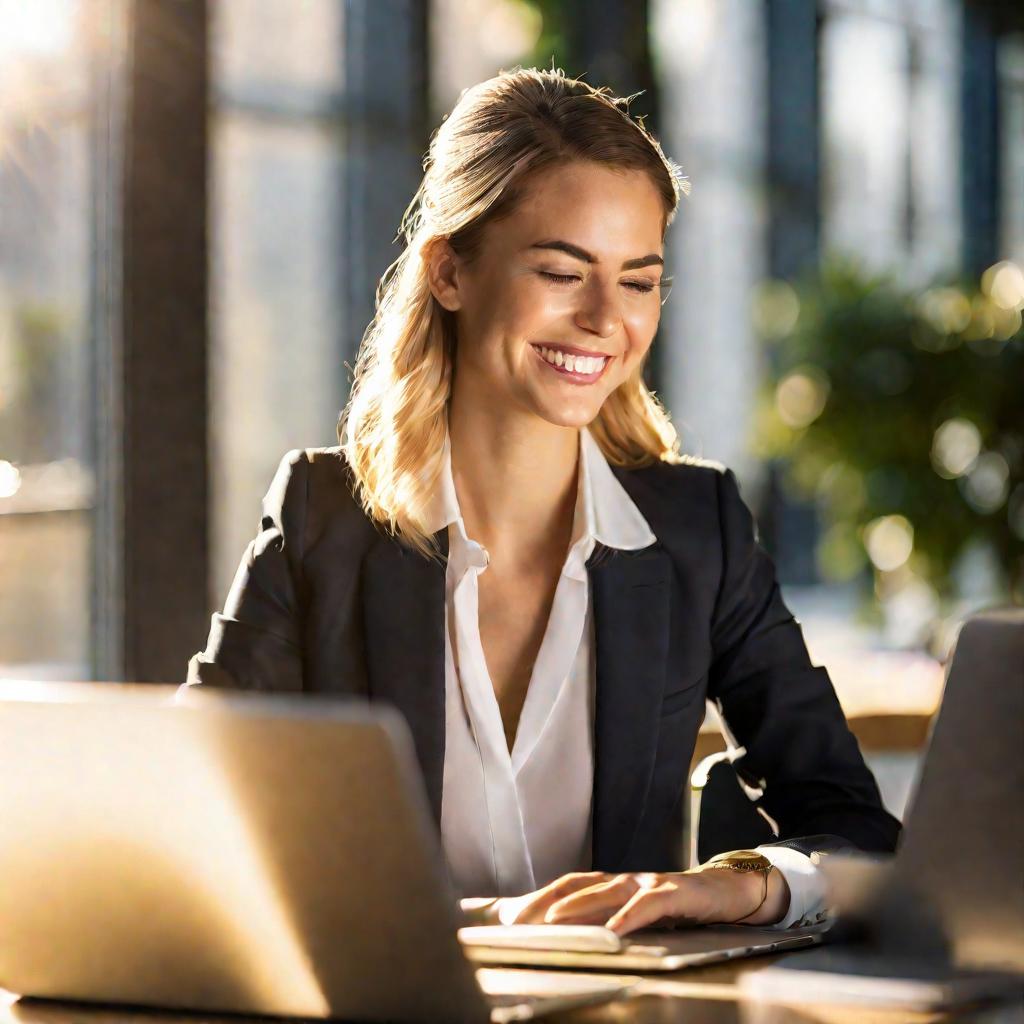 Портрет молодой женщины в деловом костюме, печатающей на ноутбуке в офисе в солнечный день.