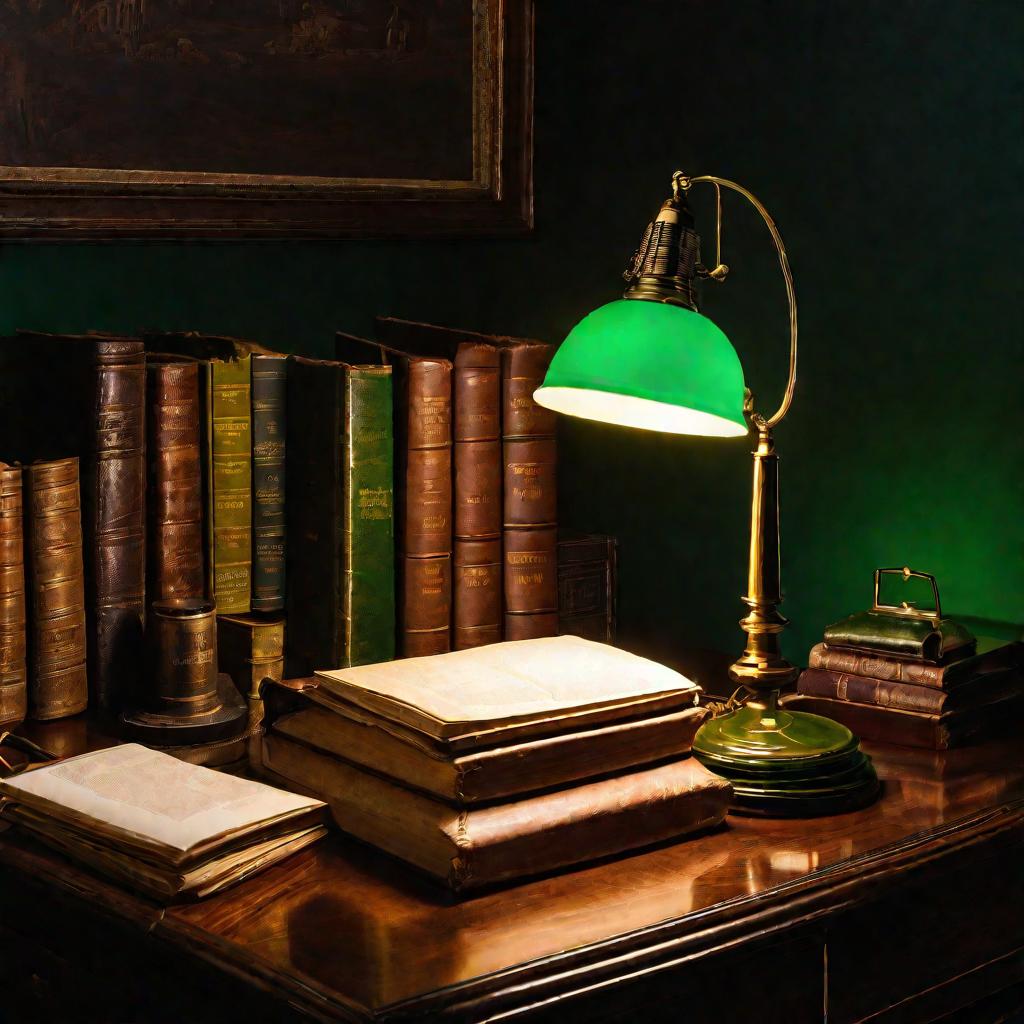 Темный кабинет с зеленой банковской лампой на столе ночью.