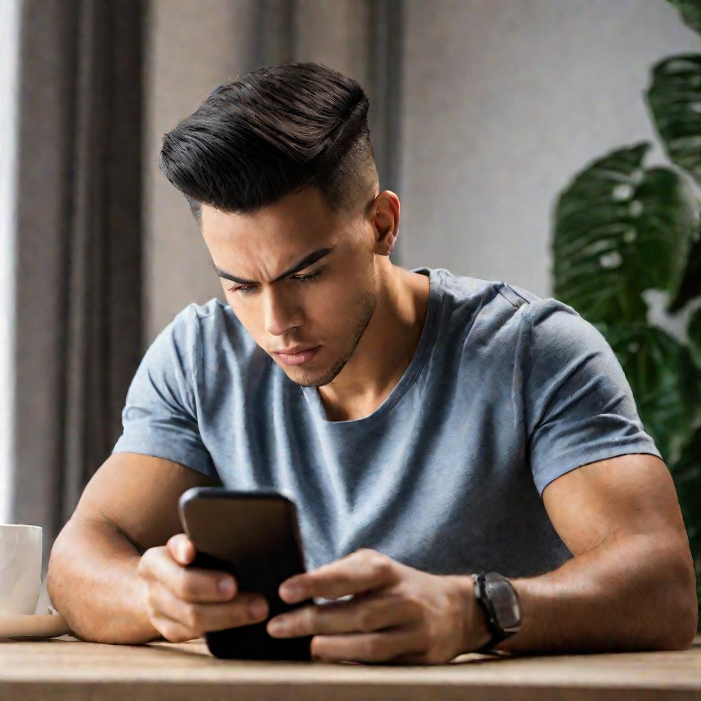 Молодой человек с серьезным сосредоточенным выражением лица сидит за столом и смотрит в свой смартфон, на экране которого открыто приложение МТС в разделе договоров.