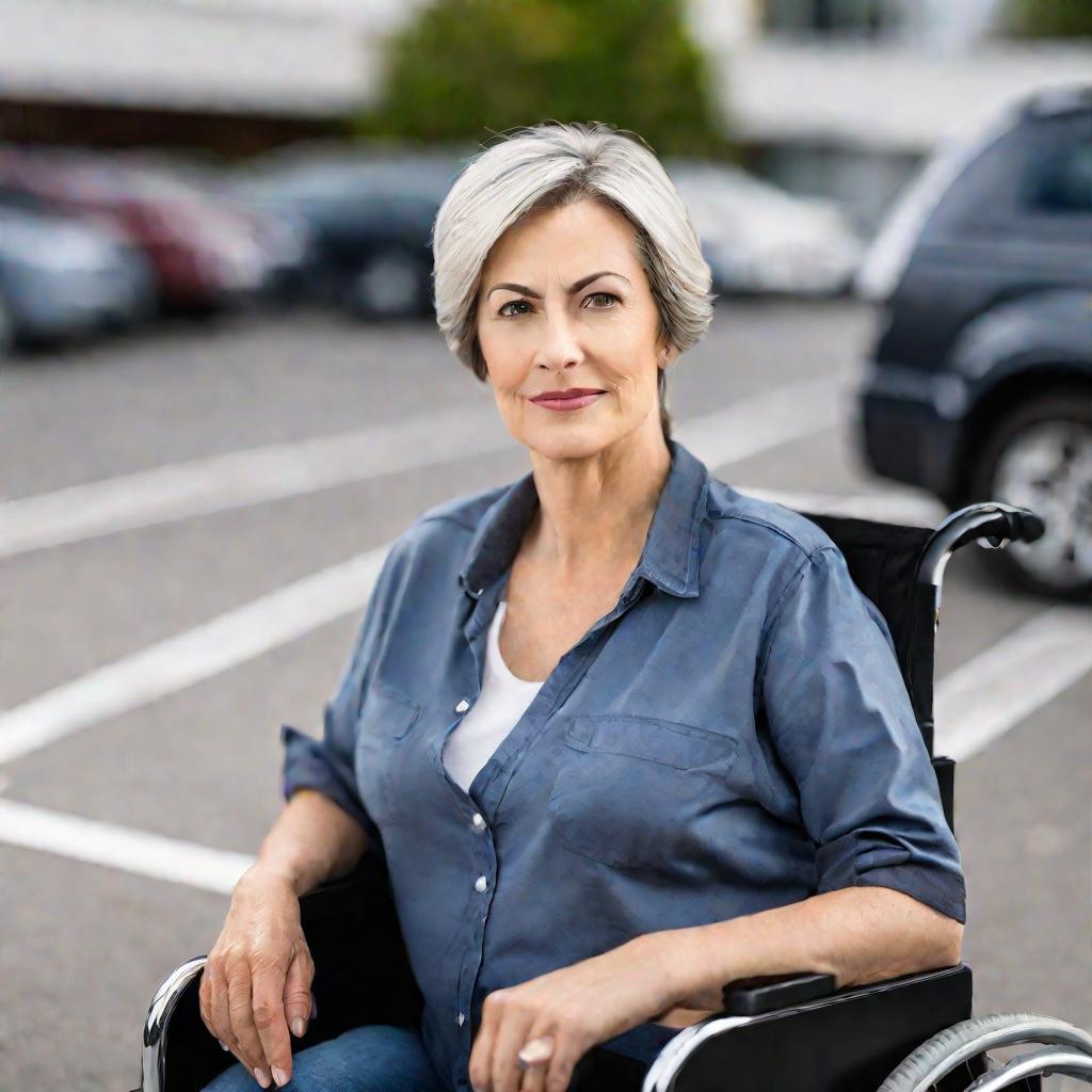 Крупным планом женщина в инвалидной коляске на парковочном месте для инвалидов.