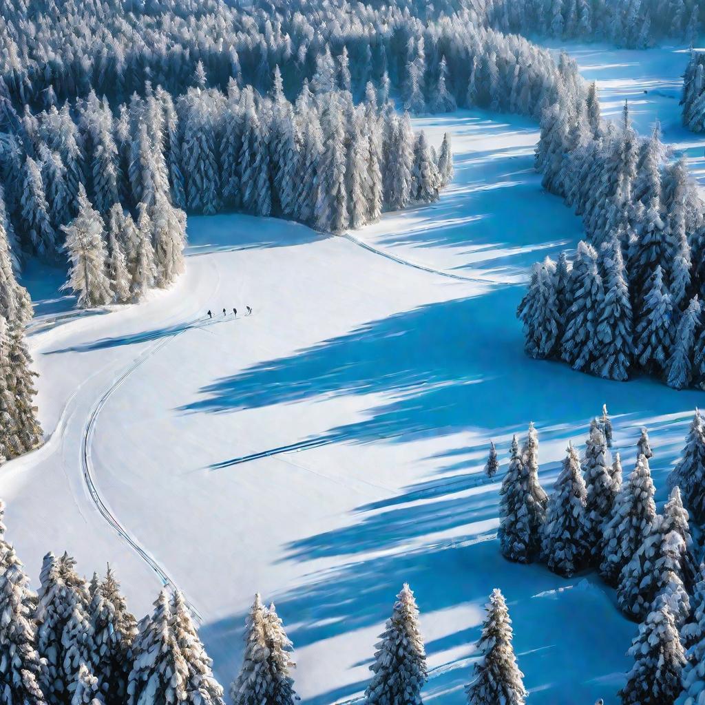 Зимний пейзаж с лыжниками, снятый с высоты птичьего полета.