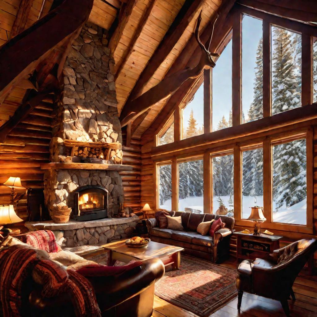 Интерьер уютного деревянного дома, где большая семья проводит зимний отпуск