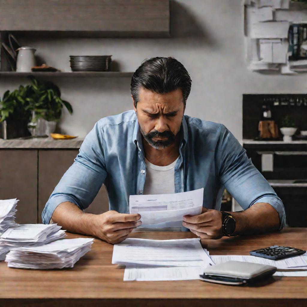 Отец за столом считает деньги на алименты