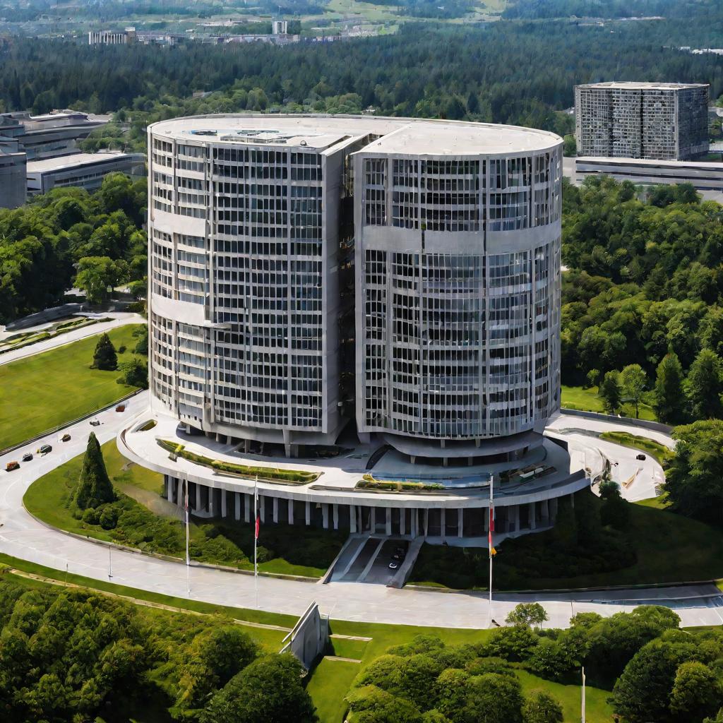 Вид сверху на солнечный день на огромное административное здание и переполненную парковку.