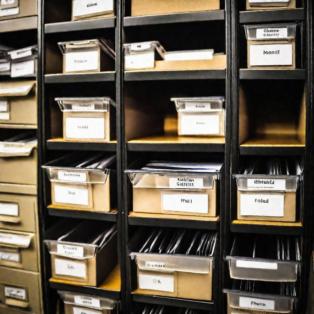 Крупный план выдвижного ящика с аккуратно разложенными папками внутри темного архива.