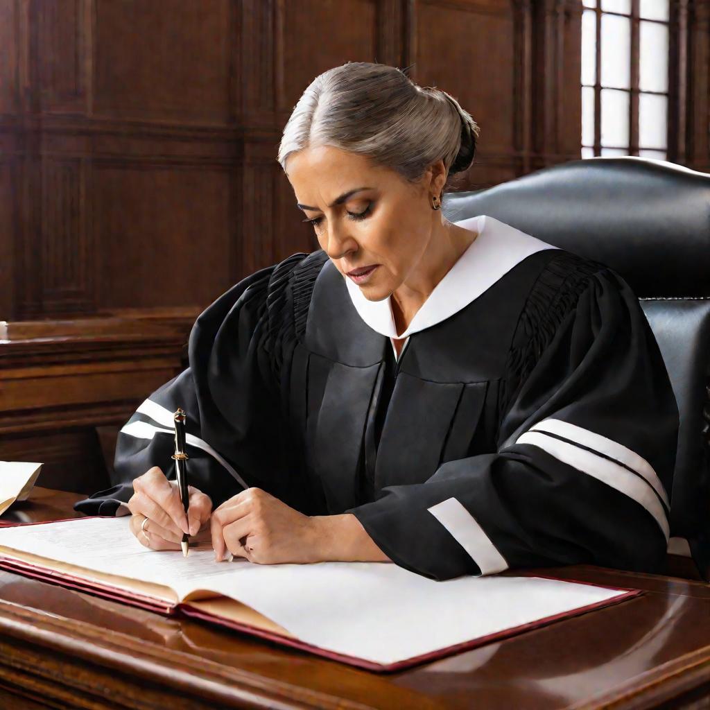 Крупный план судьи в официальной мантии, подписывающей документ за большим деревянным столом в зале суда. У нее серьезное сосредоточенное выражение лица, пока она сосредоточенно пишет при дневном свете из высоких окон за ее спиной.