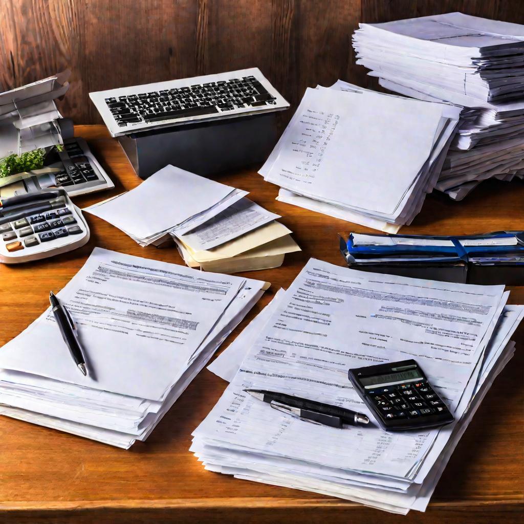 Стопка бухгалтерских документов и финансовых отчетов на рабочем столе
