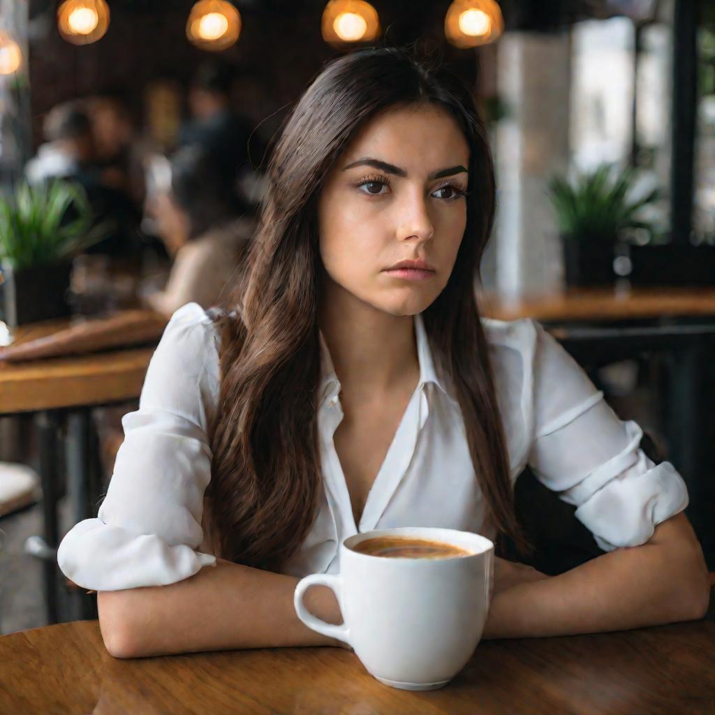 Задумчивая девушка в кафе