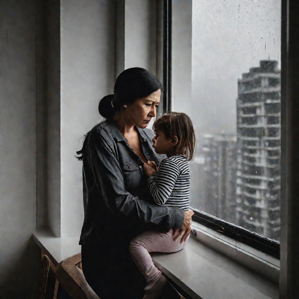 Мать с дочерью в квартире смотрят в окно