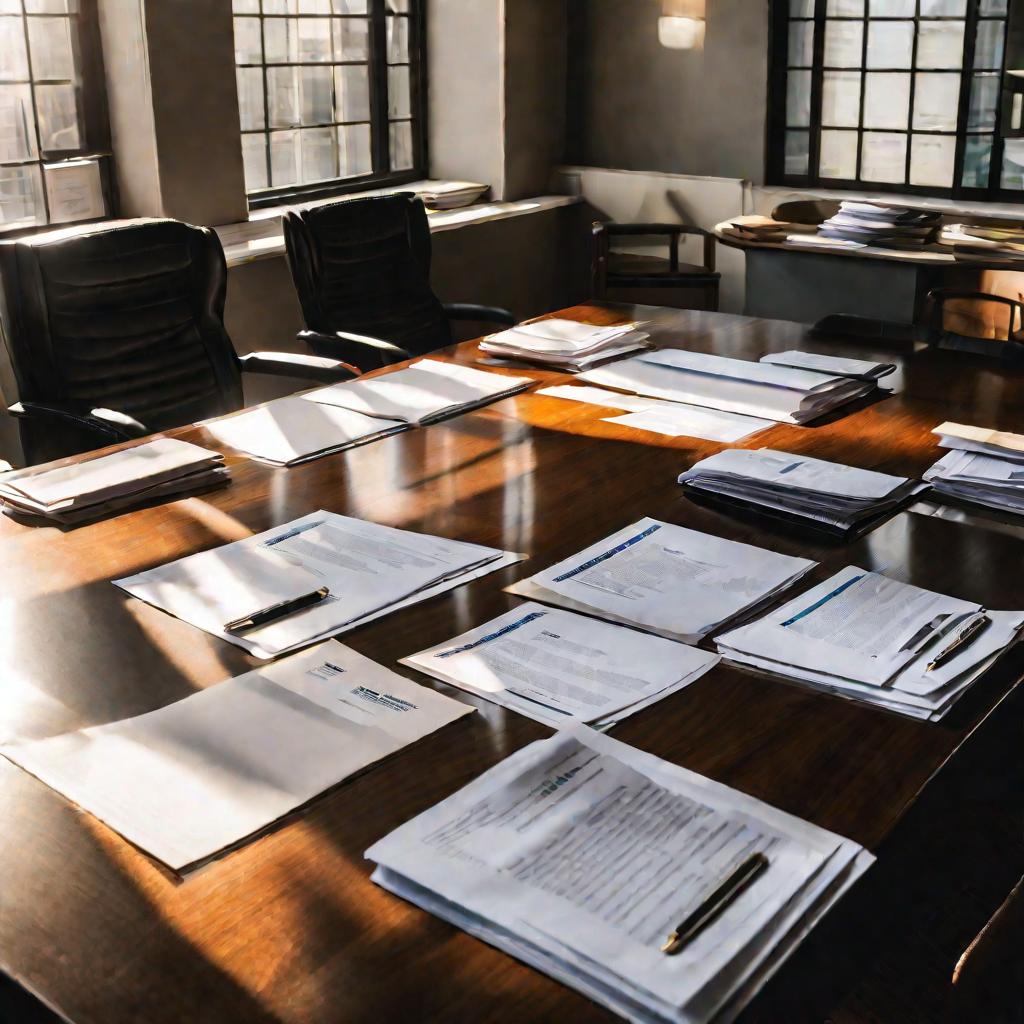 Красивый офис СРО с большим столом, заваленным документами под солнечным светом из окон.