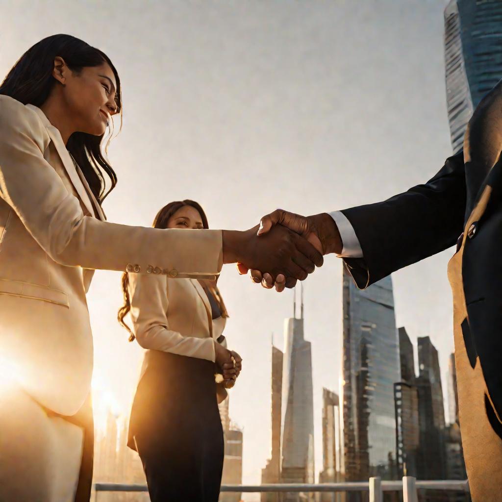 Рукопожатие бизнесвумен на фоне города