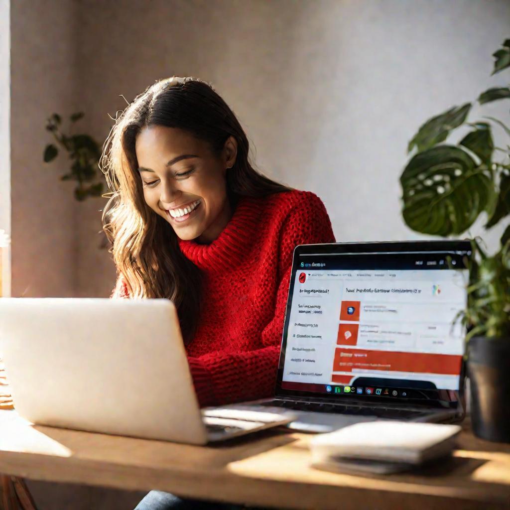 Портрет молодой женщины, смотрящей в экран ноутбука и улыбающейся