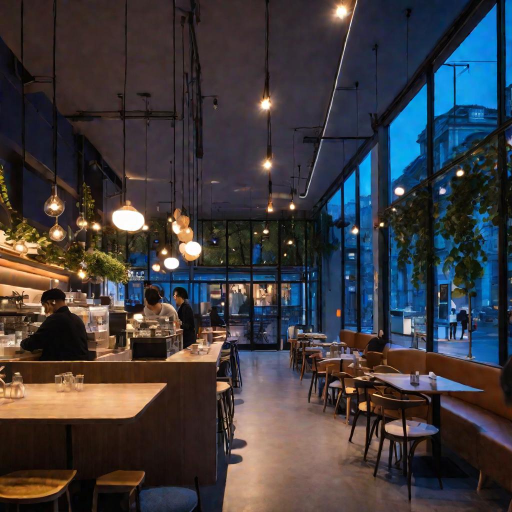 Интерьер современного минималистичного кафе в синий час