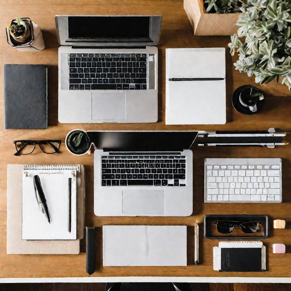 Вид сверху на рабочий стол с офисными принадлежностями