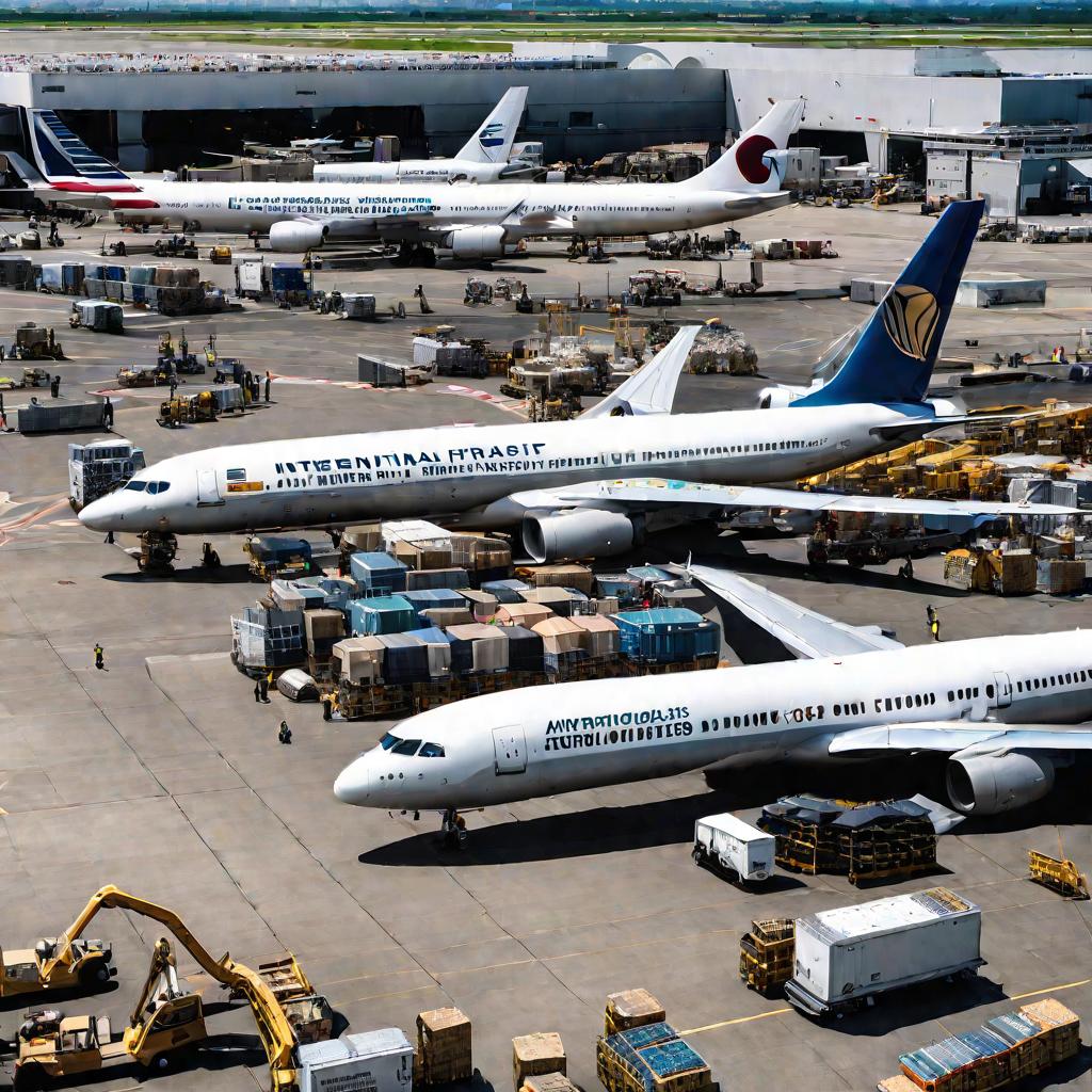 Панорамный вид сверху на оживленный терминал прибытия в международном аэропорту со множеством прилетающих пассажиров и работниками, разгружающими багаж и грузы с нескольких самолетов на летном поле в ясный полдень. По взлетной полосе ездят аэропортовые ма