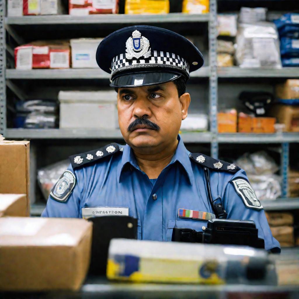 Яркий крупный портрет сосредоточенного таможенного инспектора в форме, проверяющего фонариком иностранные товары на пропускном пункте. Фон размыт с полками, заставленными разными импортными вещами вроде электроники, одежды и еды. Изображение передает серь