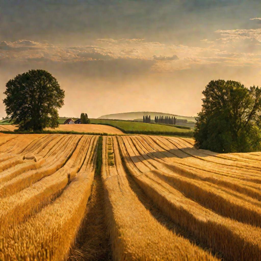 Парень в соломенной шляпе с вилами идет по золотому пшеничному полю на закате летнего дня