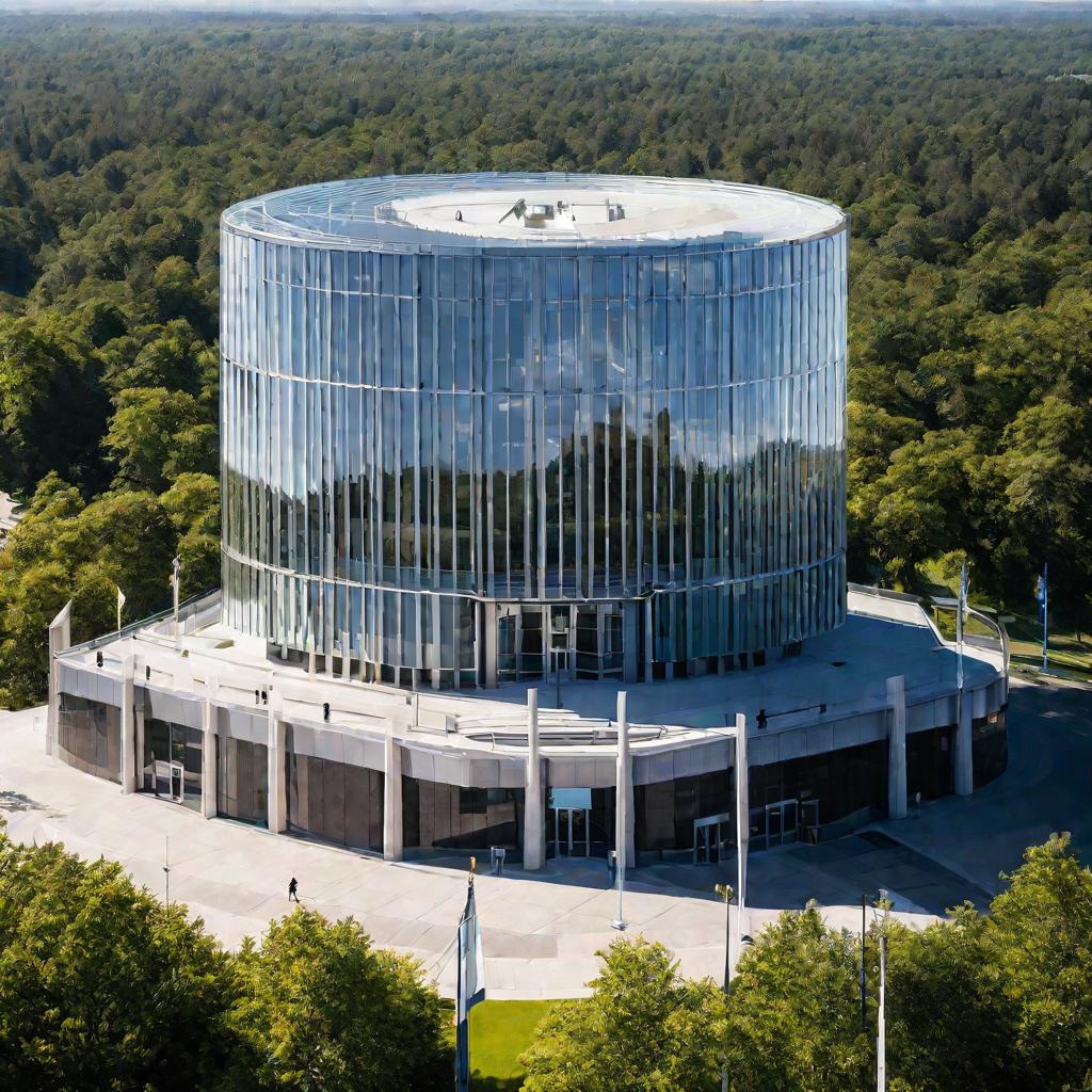 Современное стеклянное здание суда среди деревьев в солнечный день.