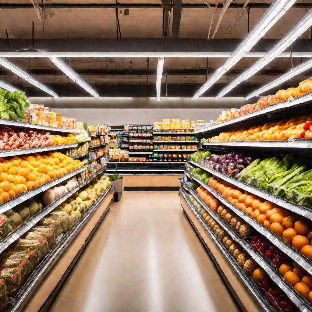 Вид сверху на проход в продуктовом магазине в солнечное утро