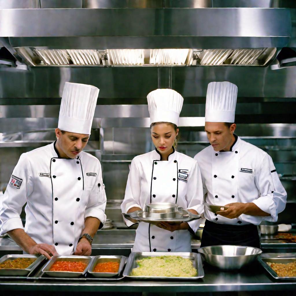 Трое поваров проводят бракераж блюд на кухне ресторана