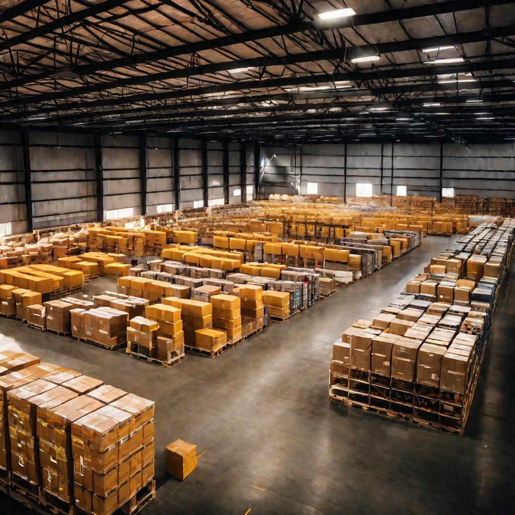 Склад с рядами полок и товарами