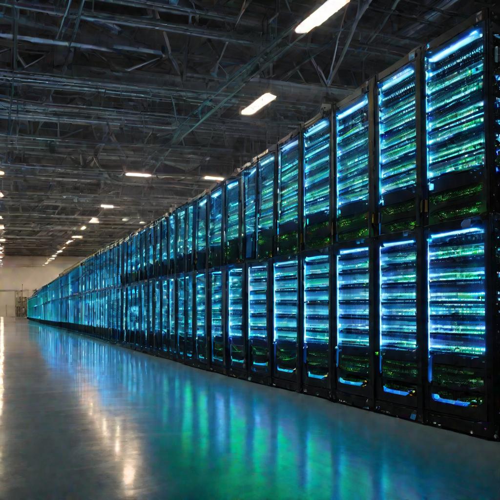 Стеллажи с серверами в огромном светлом складском помещении