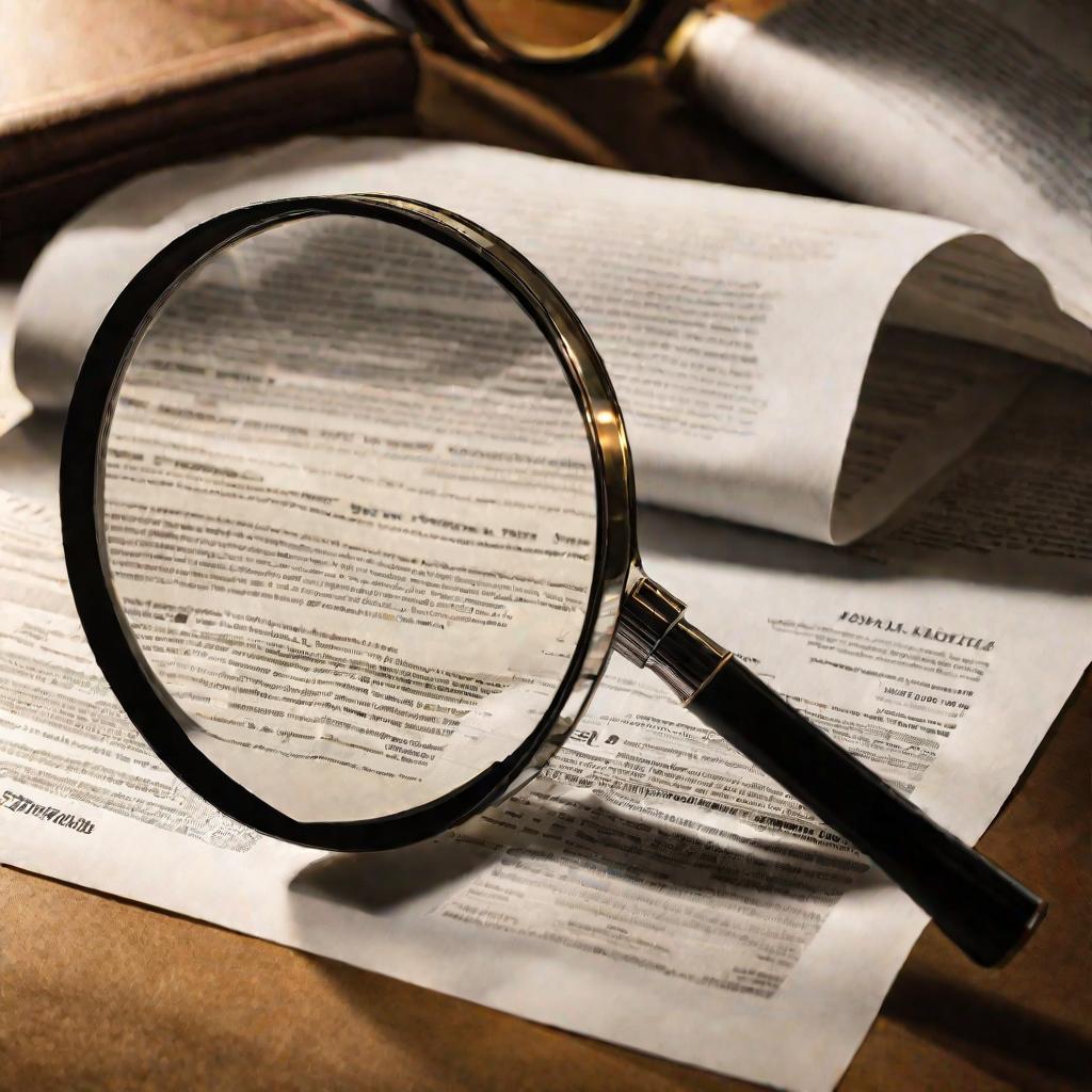 Детальный вид документа на столе с лупой