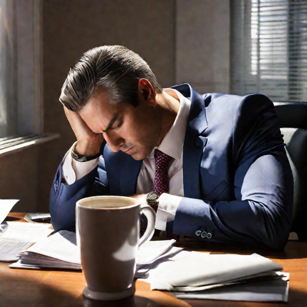 Бизнесмен спит за столом, положив голову на бумаги. В окне за ним светит солнце, значит, он проработал всю ночь. Мятый костюм и ослабленный галстук говорят об усталости. Пустая чашка из-под кофе и банка из-под энергетика - попытка не заснуть.