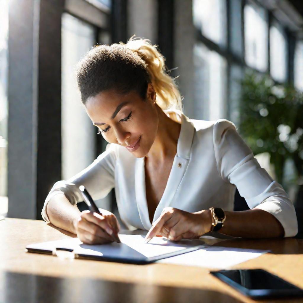 Женщина подписывает электронный документ планшетом