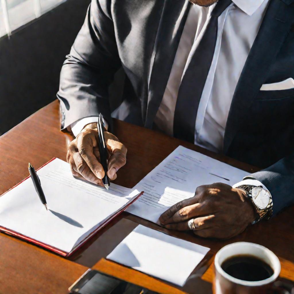 Бизнесмен подписывает контракт в офисе днем при мягком естественном освещении из окон