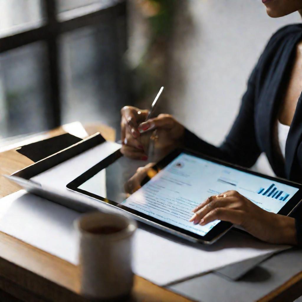 Женщина электронно подписывает документ на планшете, давая согласие и акцепт