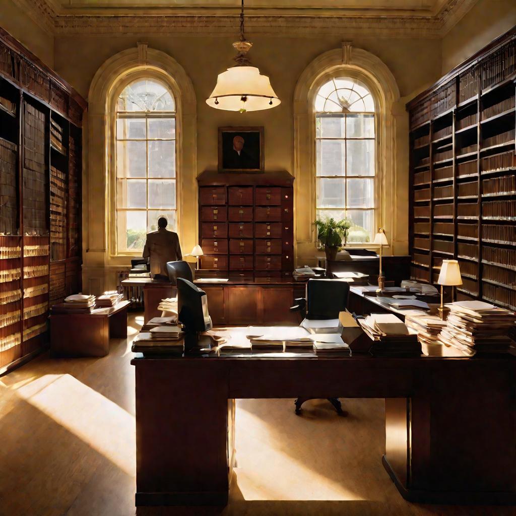 Канцелярия суда с окнами, шкафами для дел и работающими служащими.