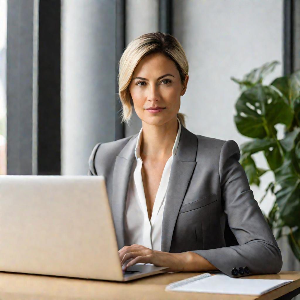 Портрет женщины-руководителя в деловом костюме, работающей за ноутбуком, с уверенным сосредоточенным взглядом.