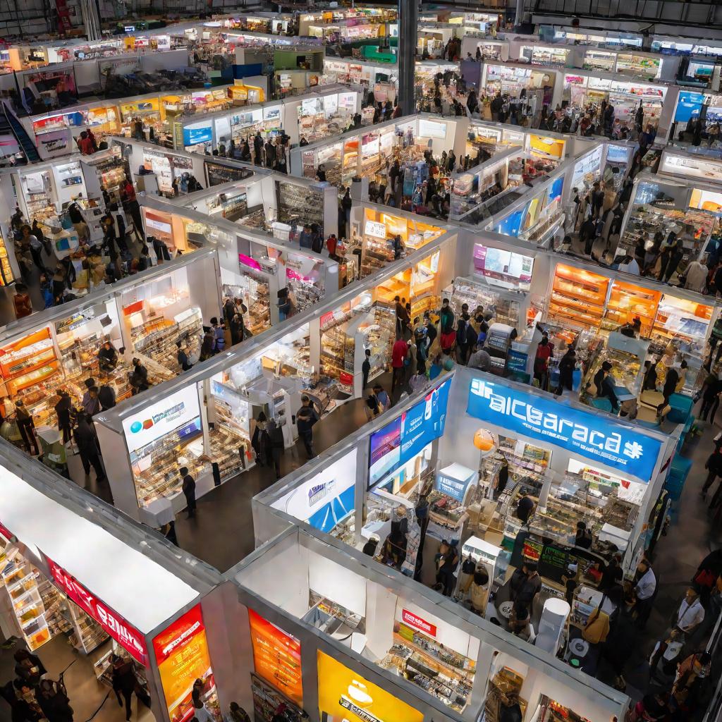 Вид сверху на оживленный рынок электроники в помещении с множеством людей и новейшей цифровой техники на прилавках.