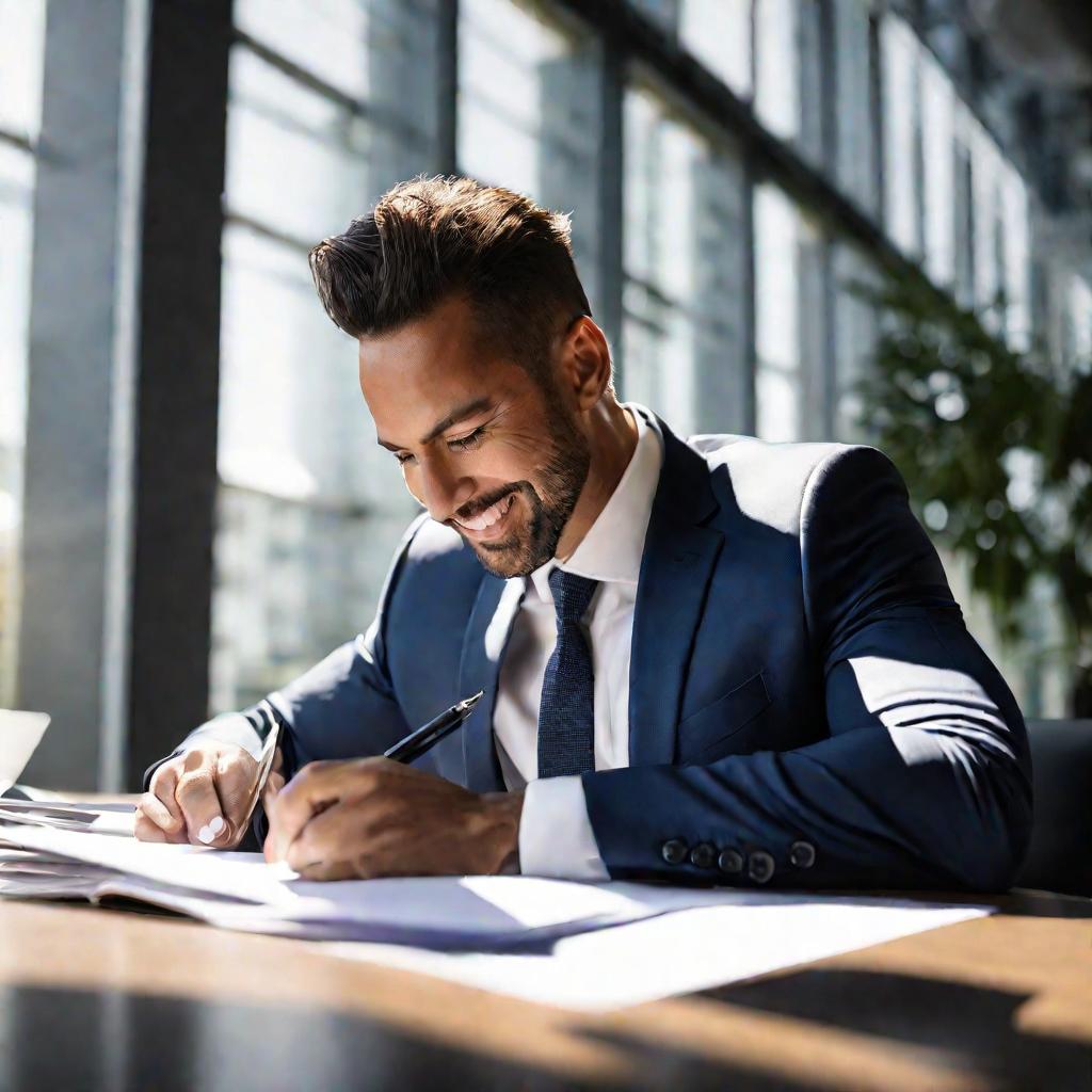 Портрет бизнесмена, подписывающего документы