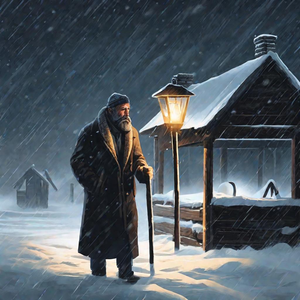 Уставший человек идет по снегу сквозь метель в темную зимнюю ночь