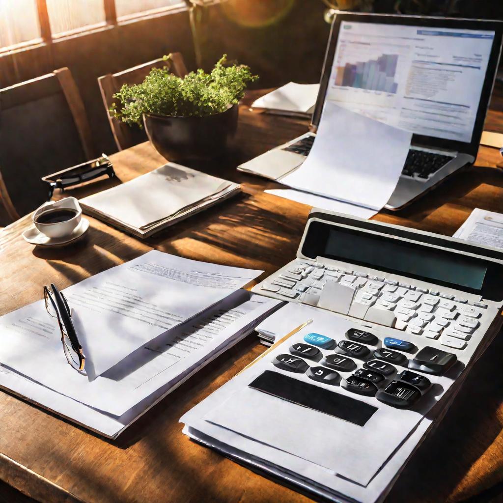 Стол с договорами, калькулятором, ручкой и ноутбуком в солнечном свете.