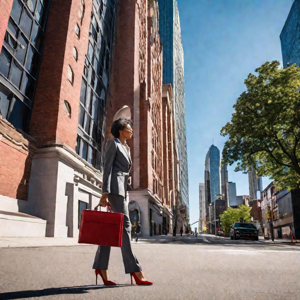 Городской пейзаж с современными небоскребами на фоне голубого неба. На переднем плане идет деловая женщина в костюме