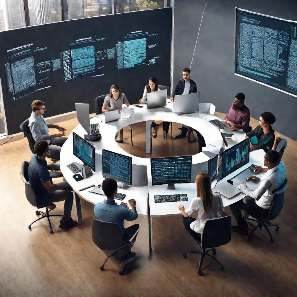 Команда программистов всем офисом решает проблему с ошибкой