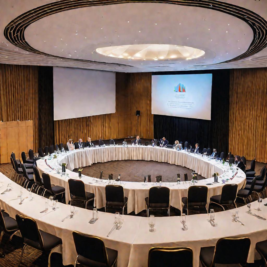 Яркий просторный конференц-зал с обедом для деловой встречи