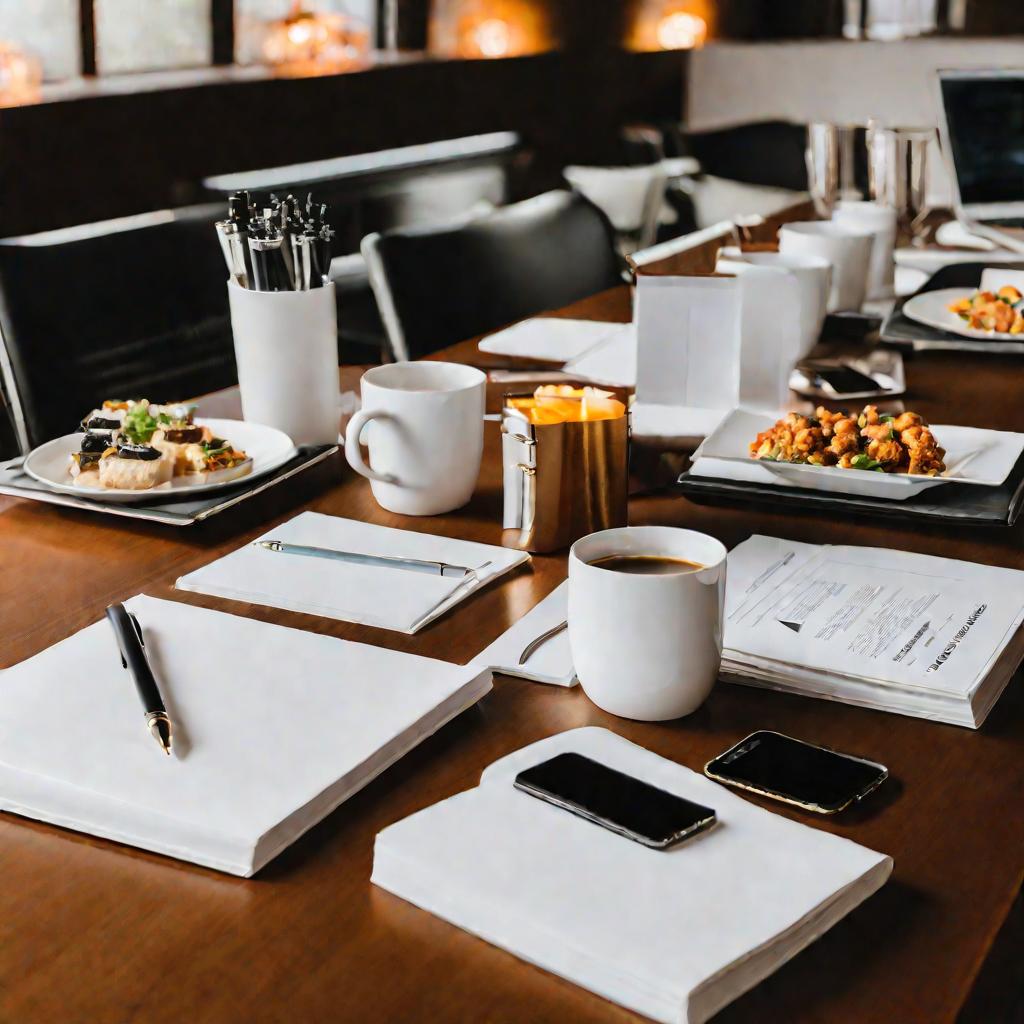 Стол переговоров с напитками, закусками и канцтоварами