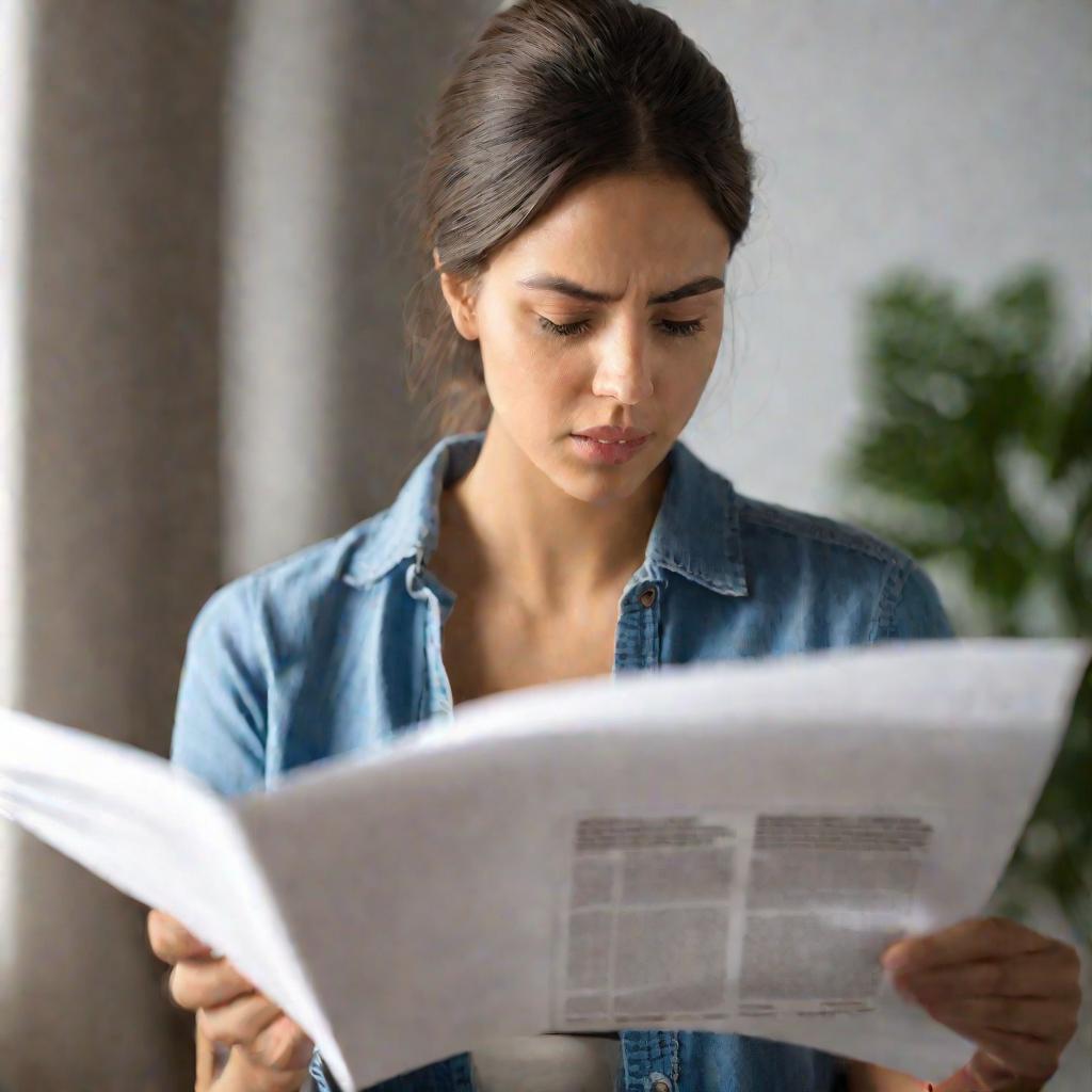Девушка читает правила возврата товара с недоумением